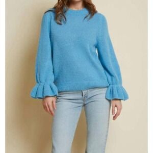 Nation LTD, Antoinette Flounce Wrist Sweater, Sm, Cornflower Blue, Wool/Alpaca